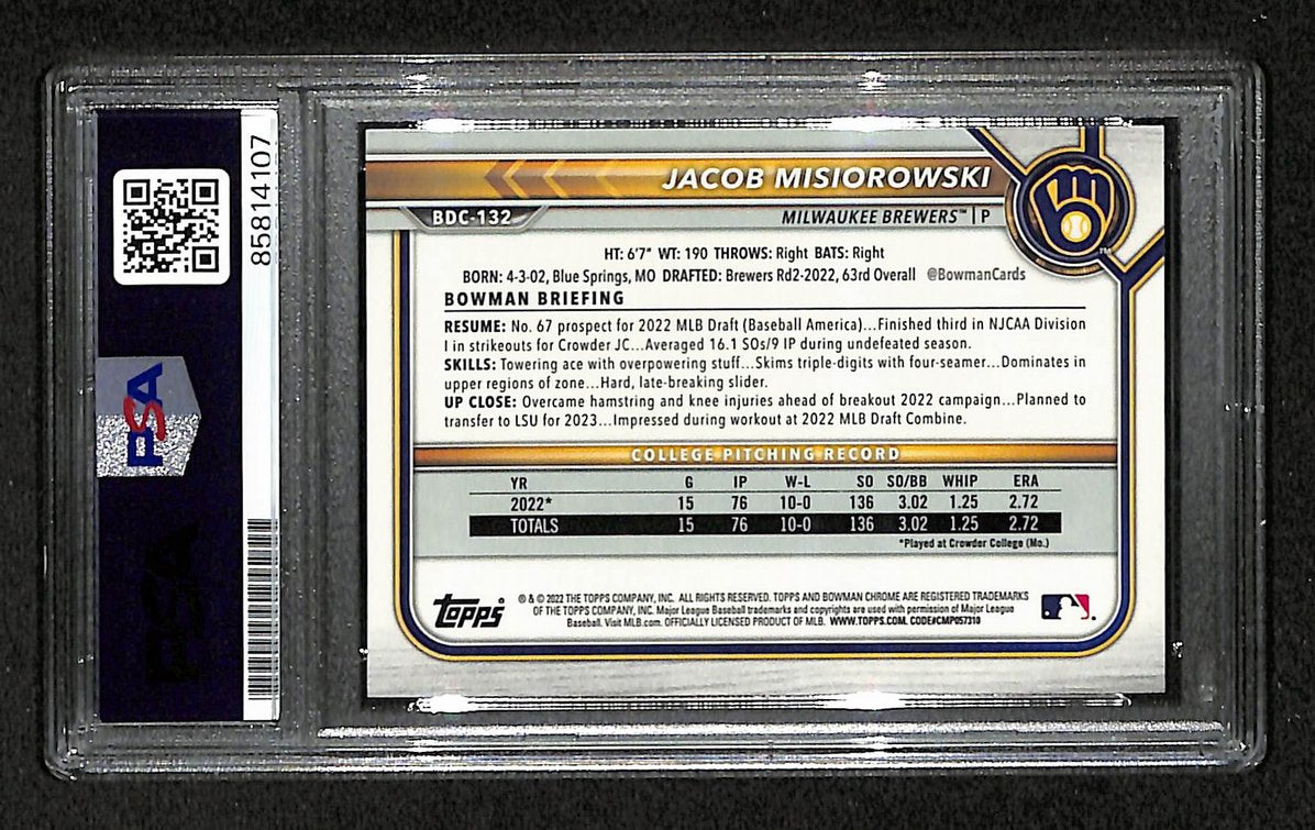 Jacob Misiorowski 2022 Bowman Chrome Draft Card #BDC-132 Signed PSA/DNA BA209402