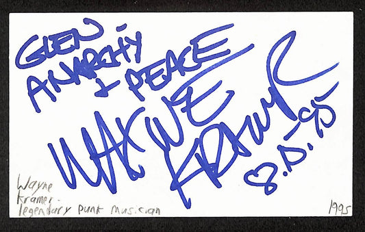 Wayne Kramer Autographed/Signed 3x5 Index Card Musician JSA BA209489