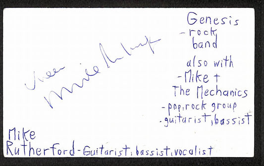 Mike Rutherford Autographed/Signed 3x5 Index Card Genesis JSA BA209514