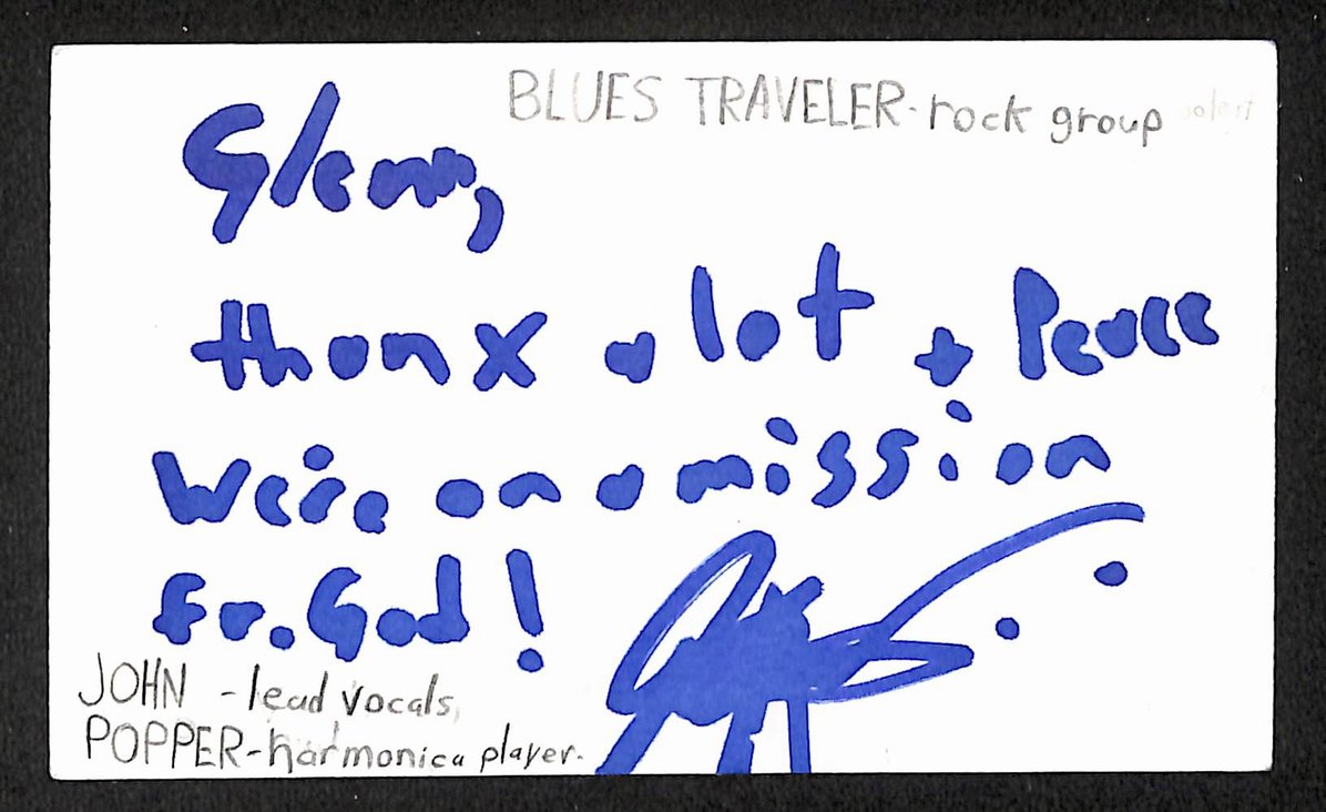John Popper Autographed/Signed 3x5 Index Card Blues Traveler JSA BA209533