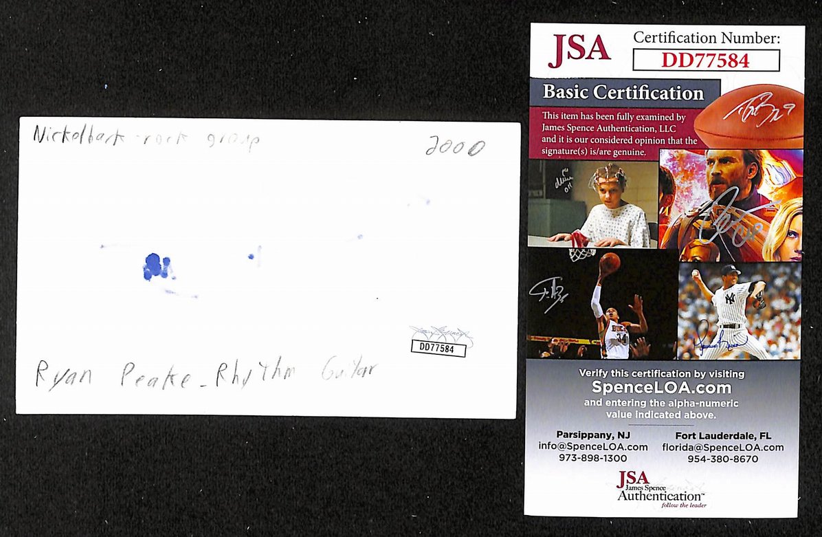 Ryan Peake Autographed/Signed 3x5 Index Card Nickelback JSA BA209535
