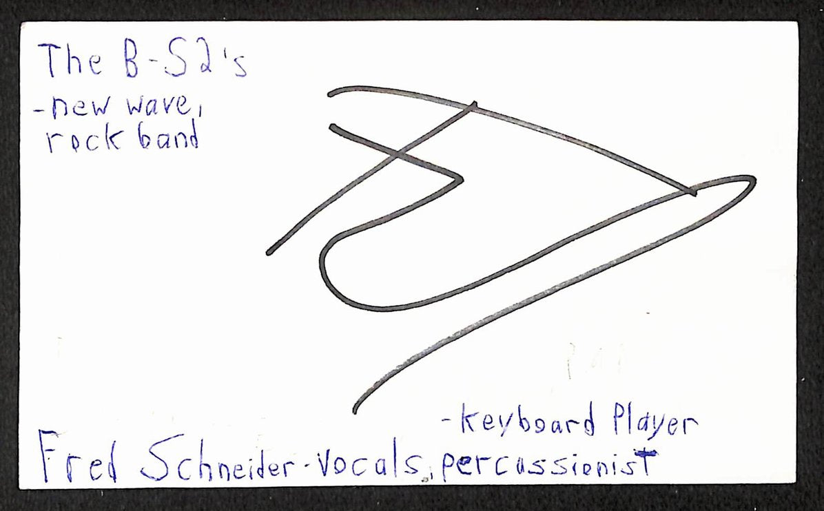 Fred Schneider Autographed/Signed 3x5 Index Card B-52s JSA BA209554