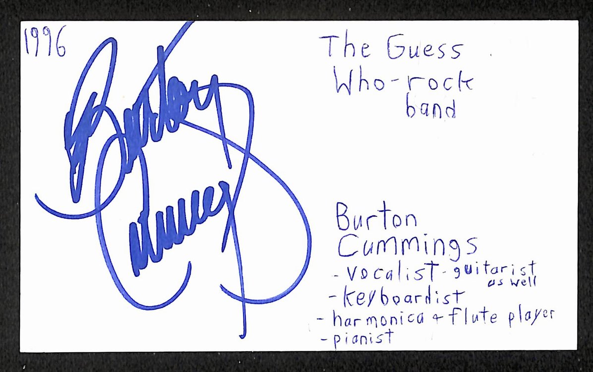 Burton Cummings Autographed/Signed 3x5 Index Card Guess Who JSA BA209559