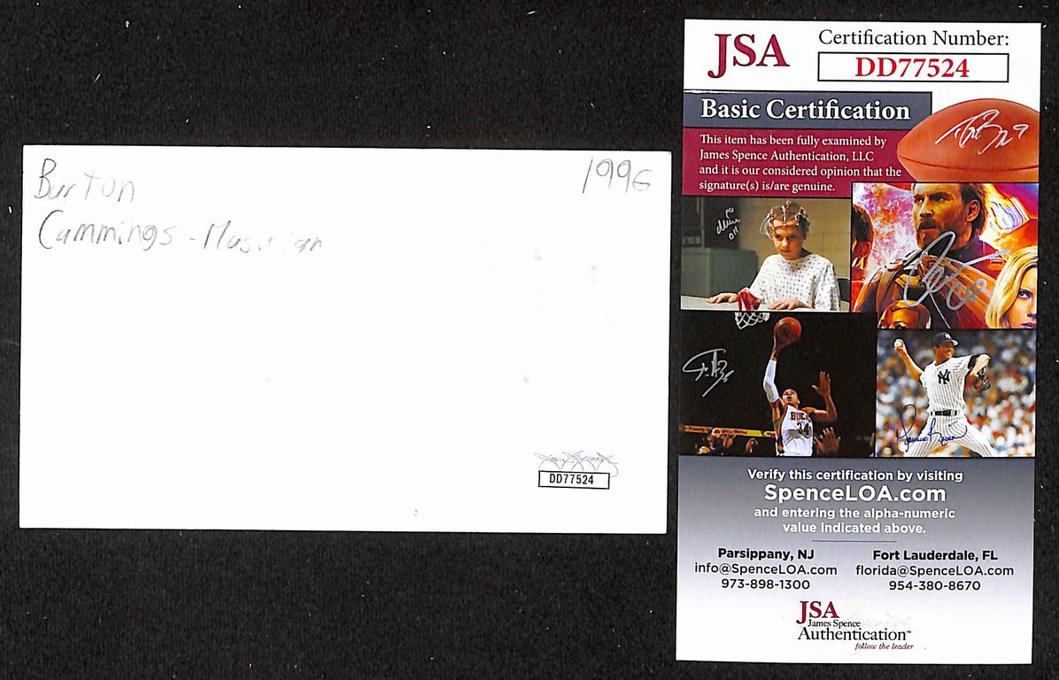 Burton Cummings Autographed/Signed 3x5 Index Card Guess Who JSA BA209559