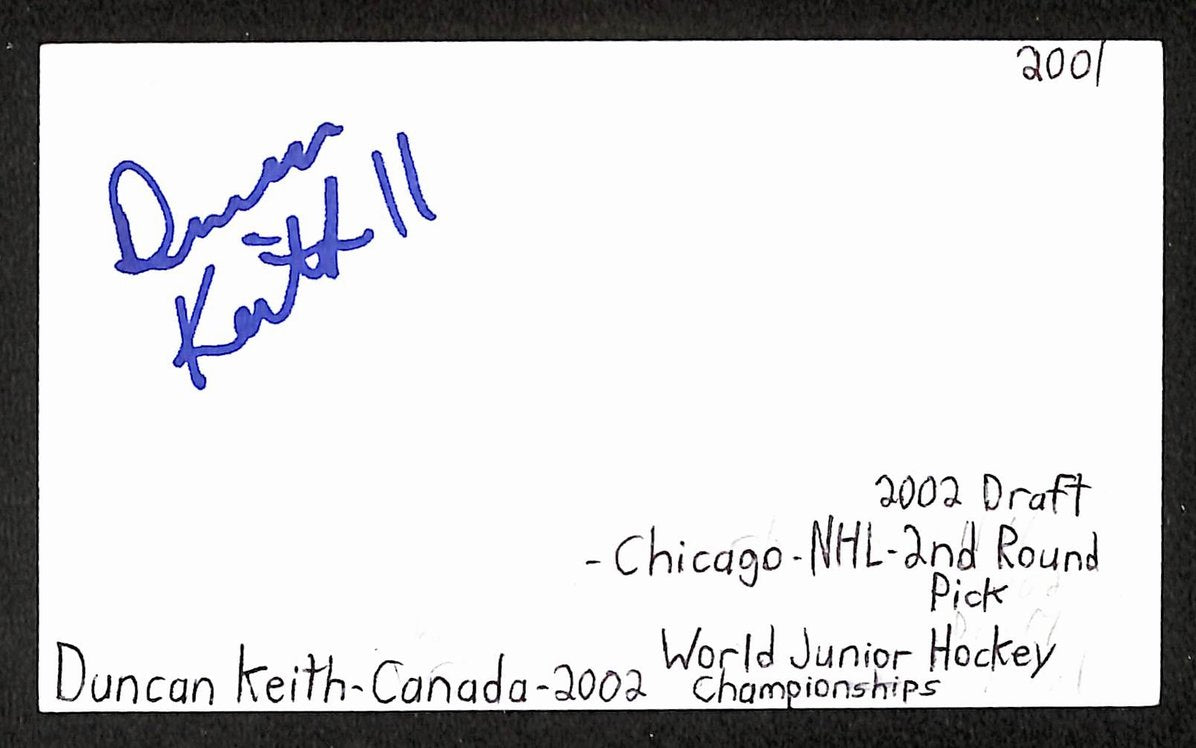Duncan Keith HOF Autographed/Signed 3x5 Index Card Blackhawks JSA BA209567