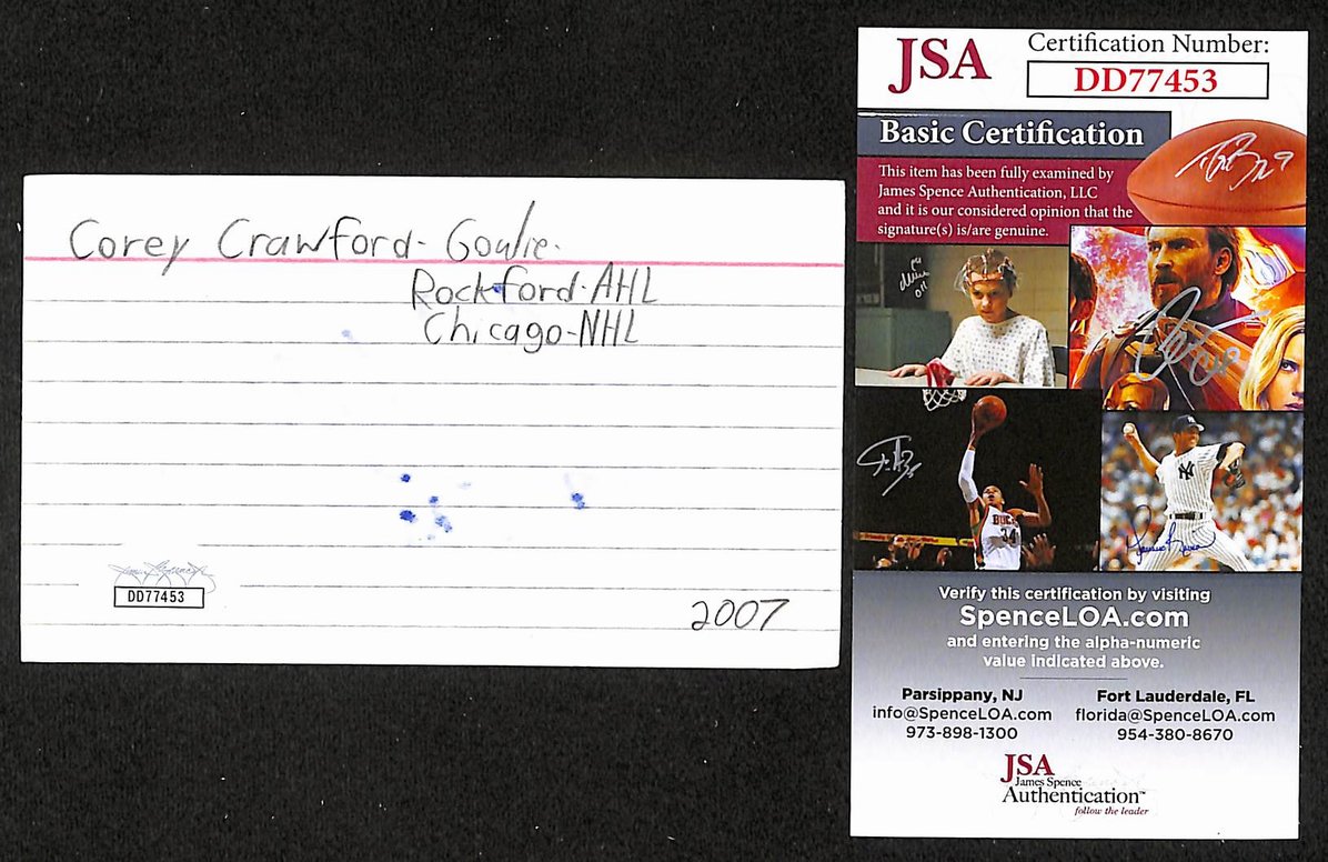 Corey Crawford Autographed/Signed 3x5 Index Card Blackhawks JSA BA209575