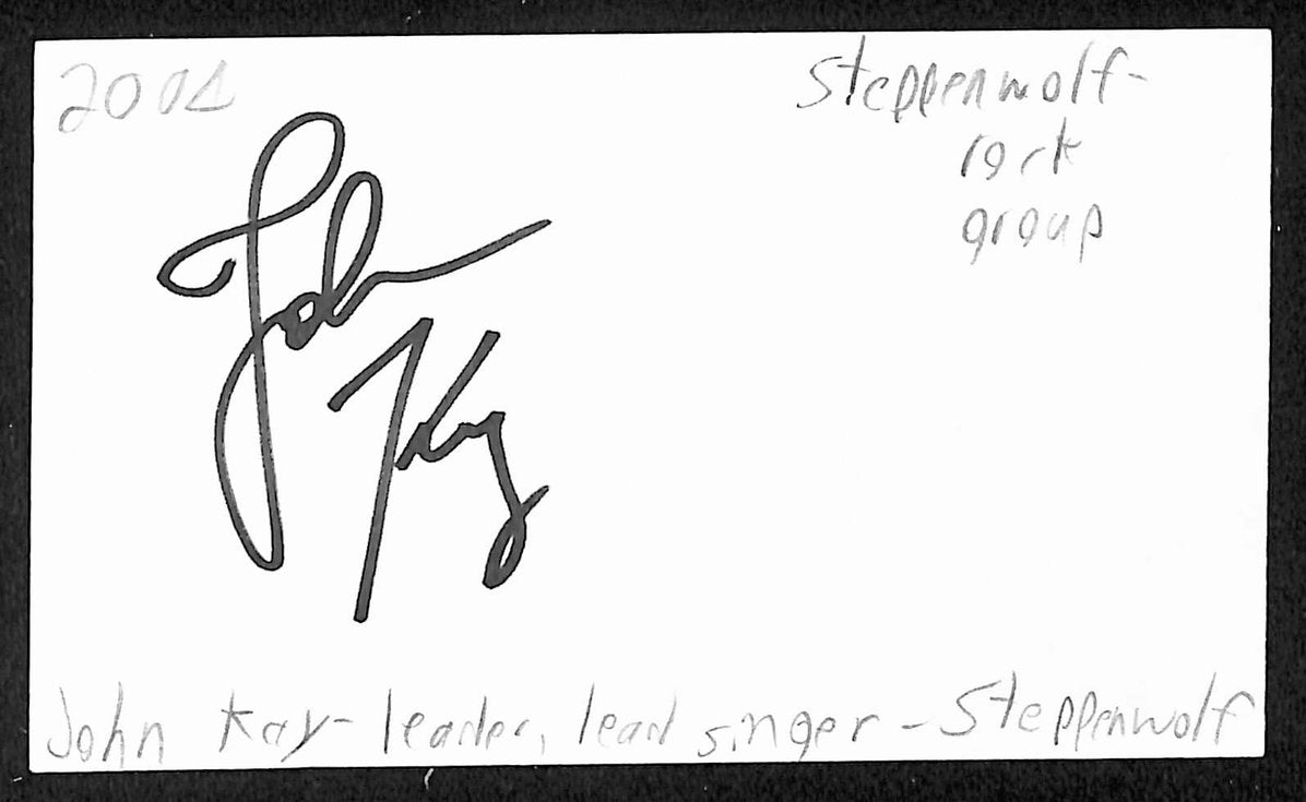 John Kay Autographed/Signed 3x5 Index Card Steppenwolf JSA BA209582