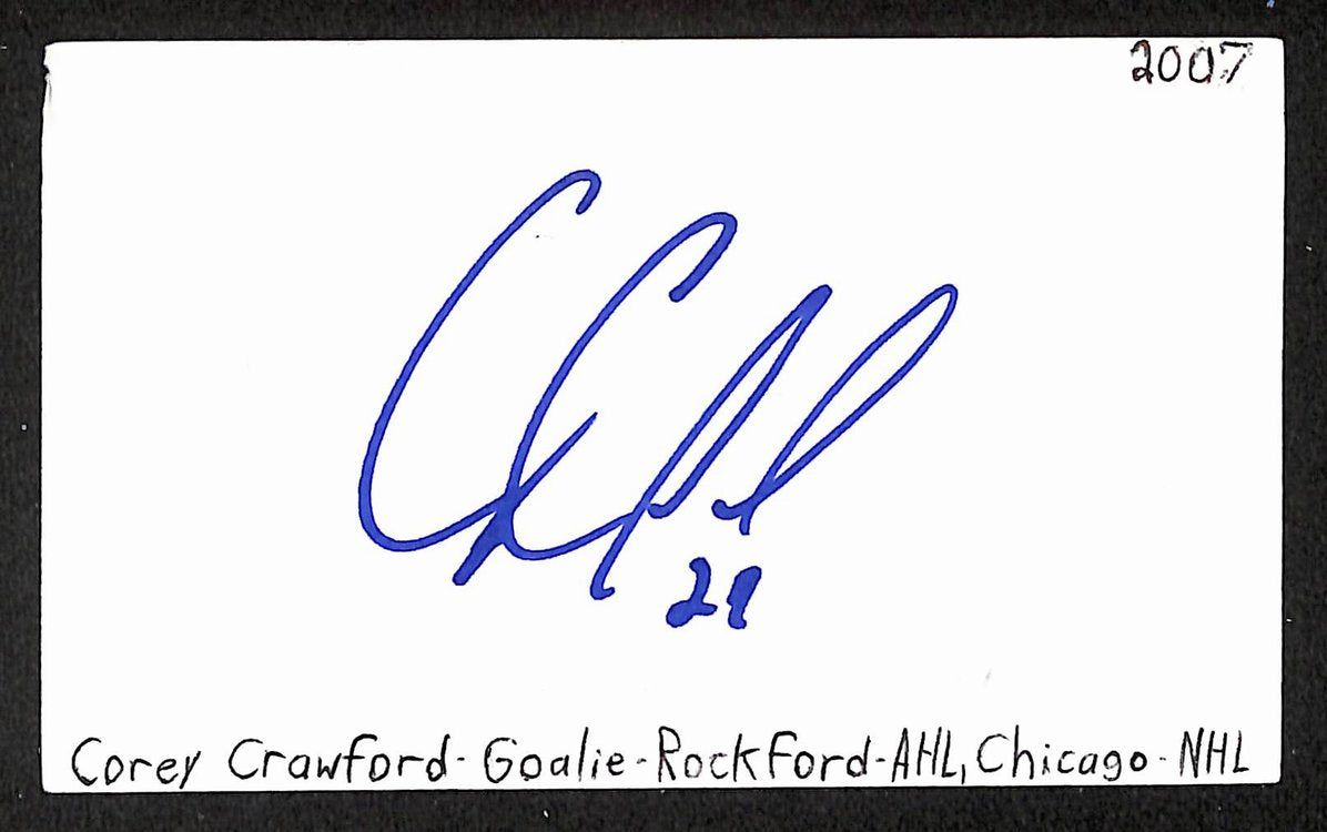 Corey Crawford Autographed/Signed 3x5 Index Card Blackhawks JSA BA209591