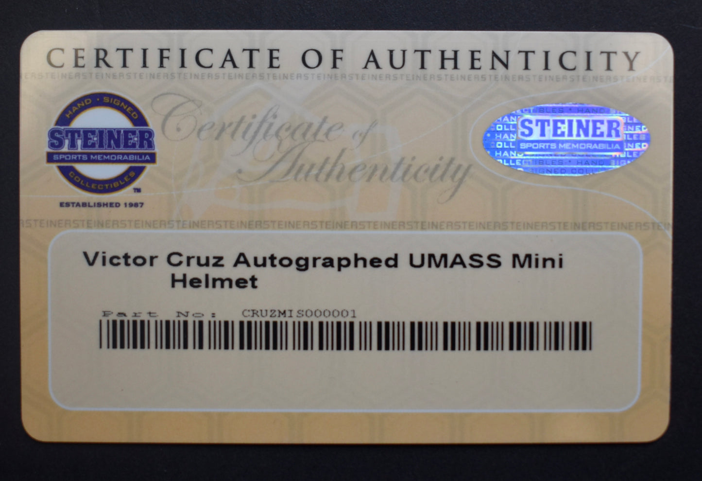 Victor Cruz UMASS Signed/Autographed Mini Helmet Steiner 208858