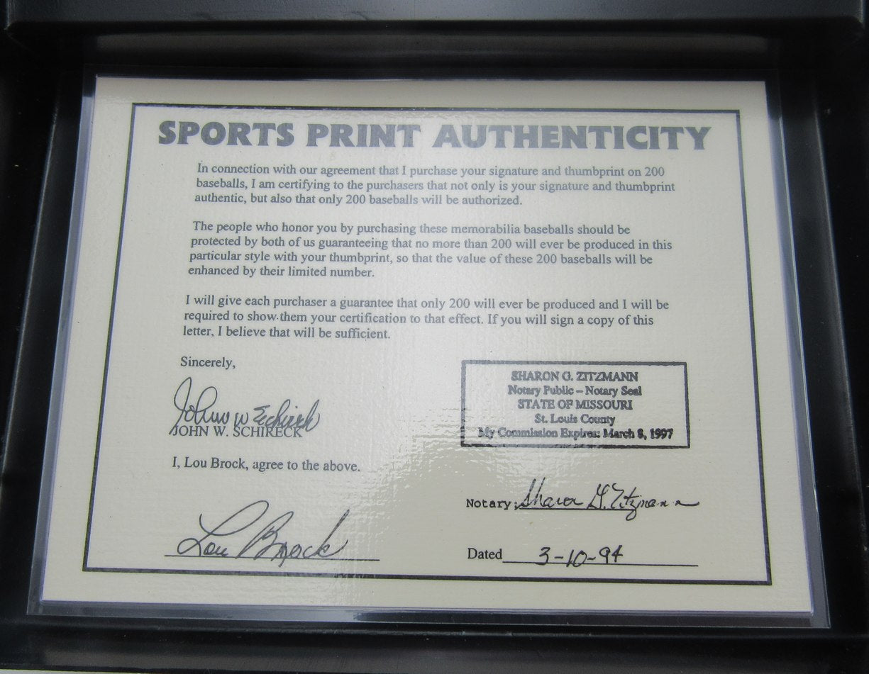 Lou Brock HOF Signed/Thumbprint Baseball Sports Print 159/200 BAS 208116