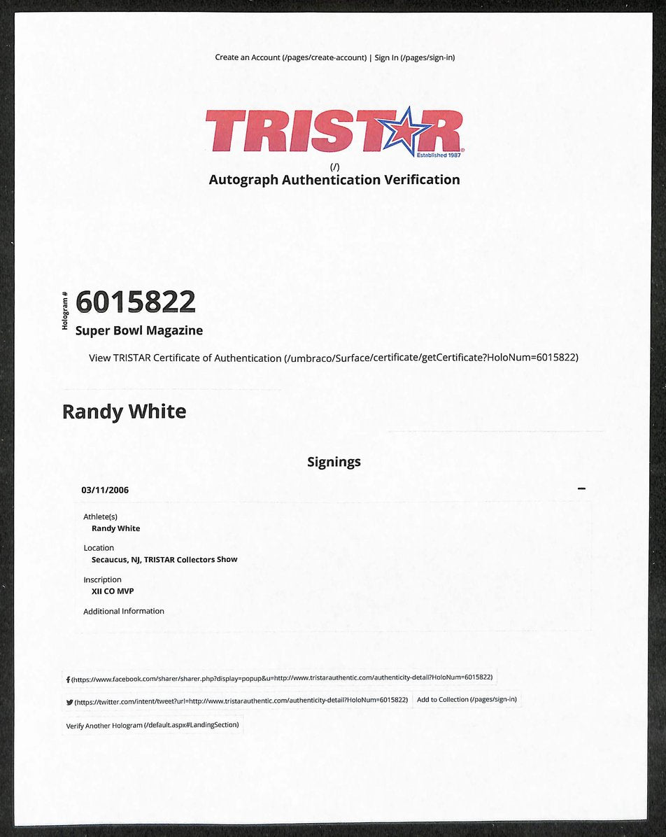 Randy White HOF Cowboys Signed Super Bowl XII Program TRISTAR Letter 209680