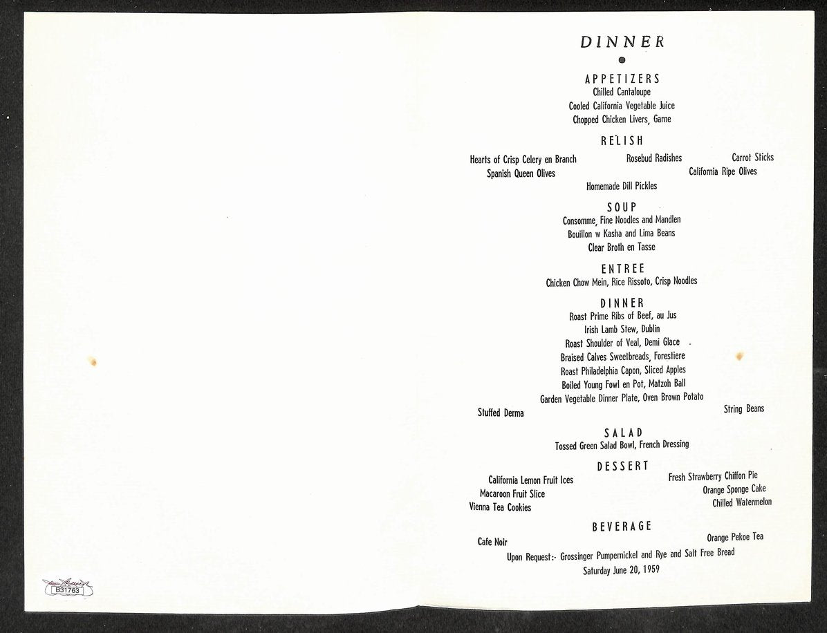 Rocky Marciano & David Selznick Signed/Autographed 6x10 Dinner Menu JSA 209681