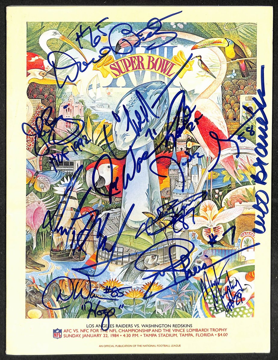 Super Bowl XVIII Program Signed by 11 Redskins Riggins HOF, Theismann JSA 209678