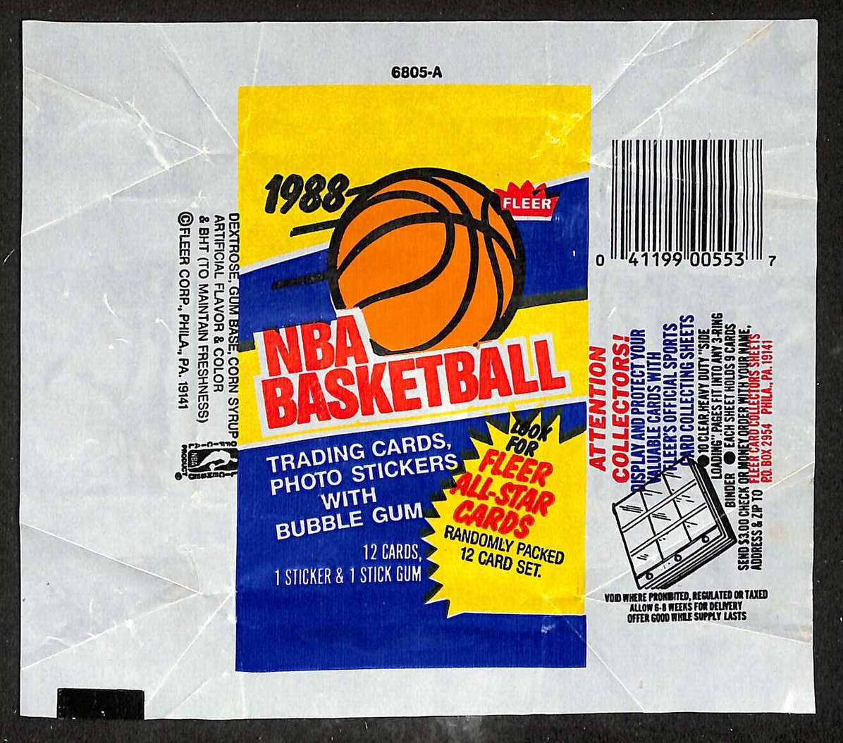 1988-89 Fleer NBA Basketball Wax Pack Wrapper Michael Jordan 3rd Year 209639