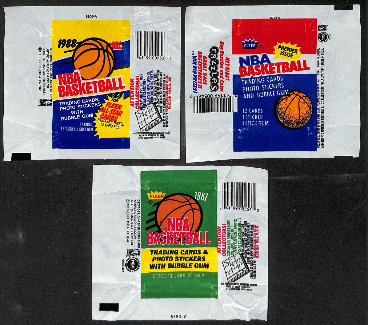 Lot of (3) 1986, 1987 & 1988 Fleer NBA Basketball Wax Pack Wrappers 209644