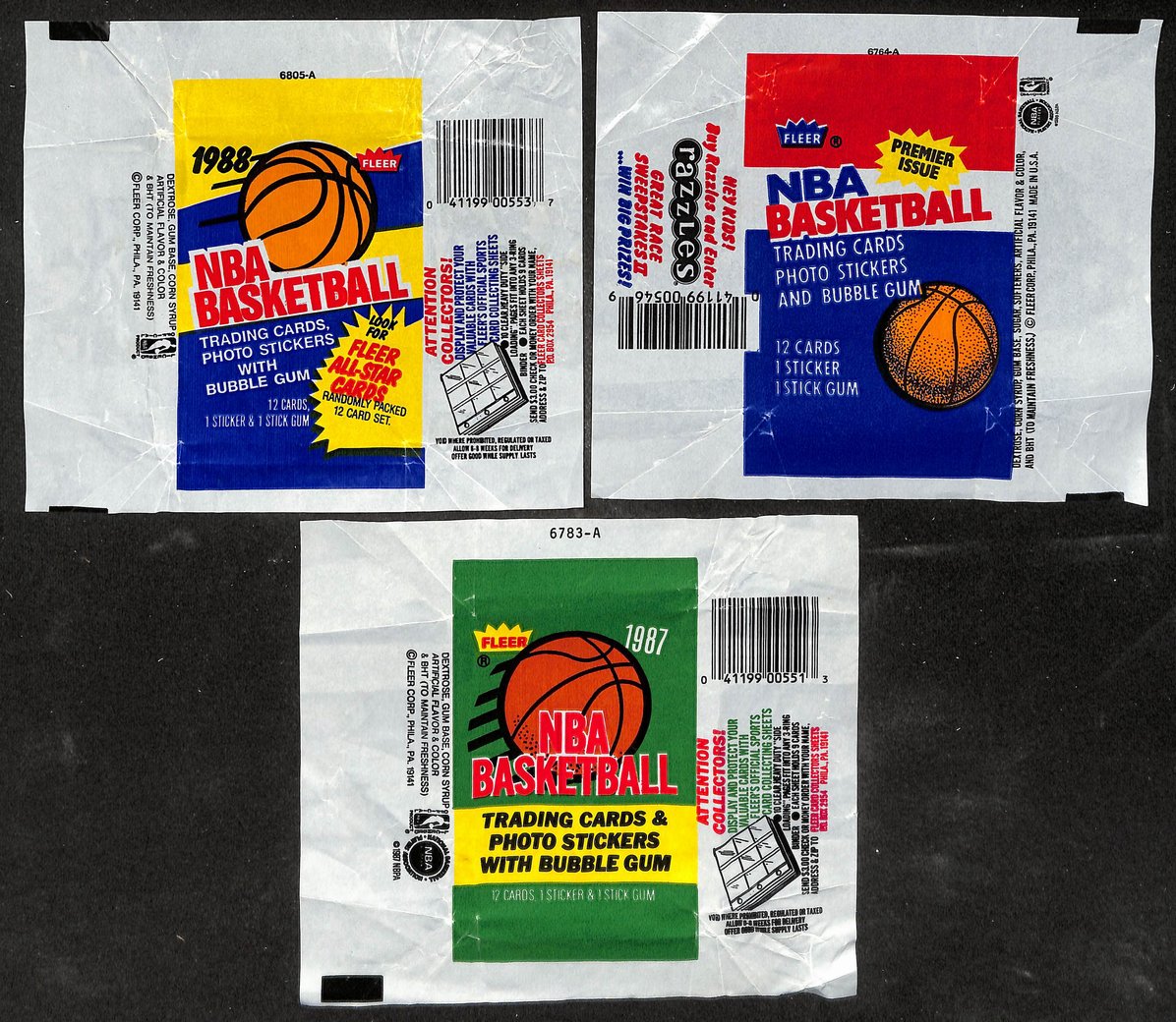 Lot of (3) 1986, 1987 & 1988 Fleer NBA Basketball Wax Pack Wrappers 209646