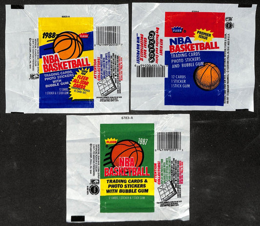 Lot of (3) 1986, 1987 & 1988 Fleer NBA Basketball Wax Pack Wrappers 209646