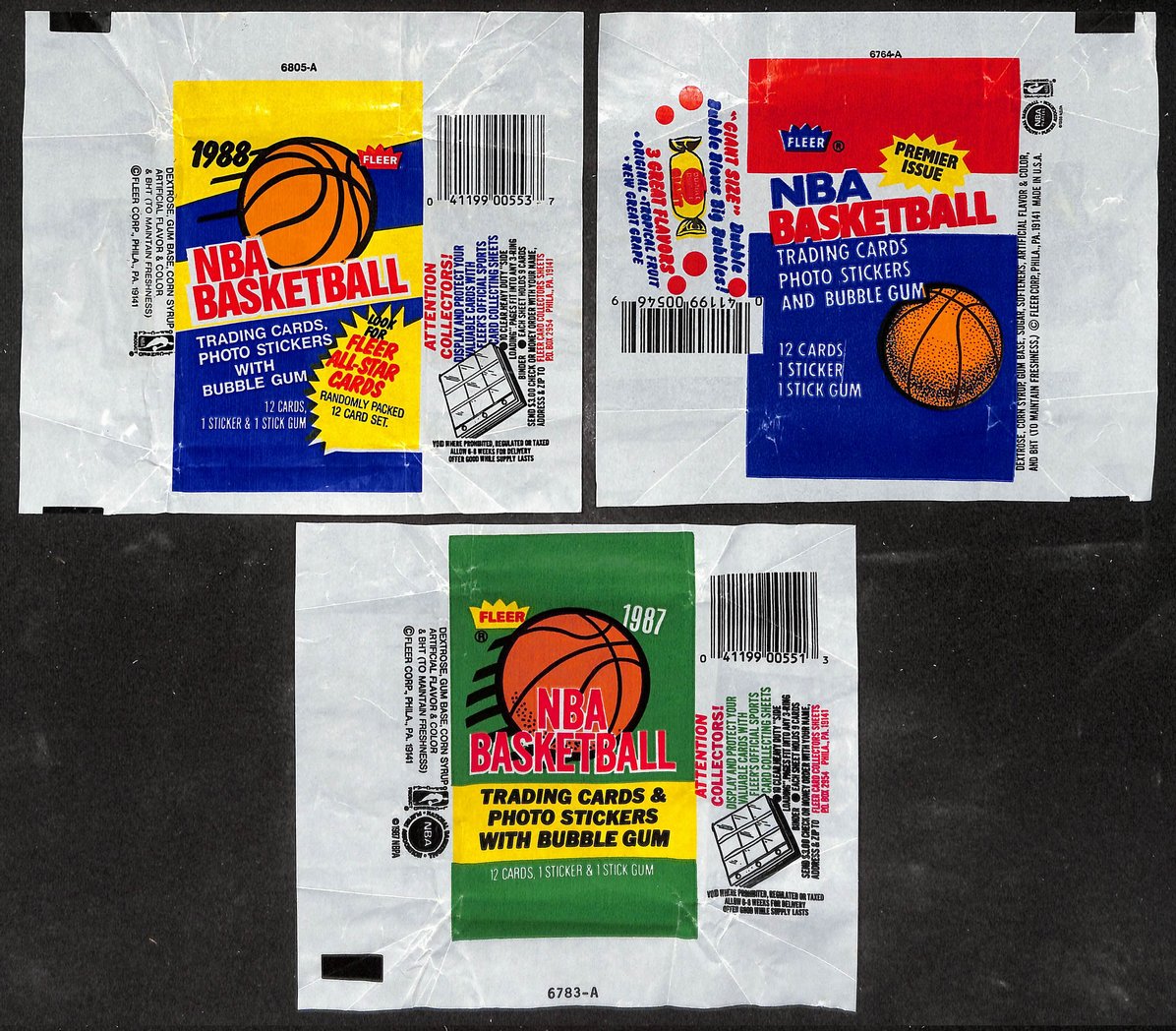 Lot of (3) 1986, 1987 & 1988 Fleer NBA Basketball Wax Pack Wrappers 209647