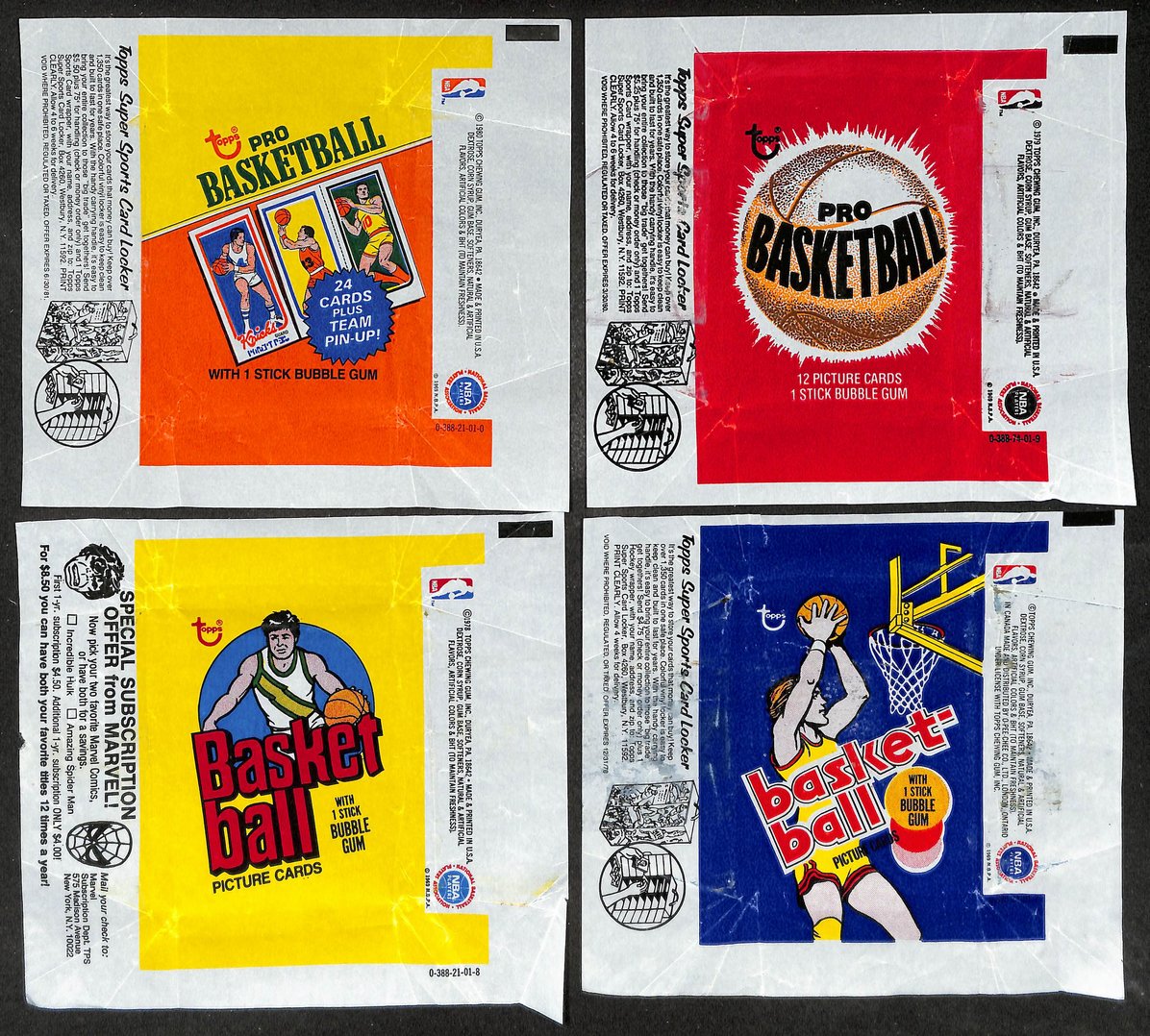 Lot of (4) 1977, 1978, 1979 & 1980-81 Topps NBA Basketball Wax Pack Wrappers 650