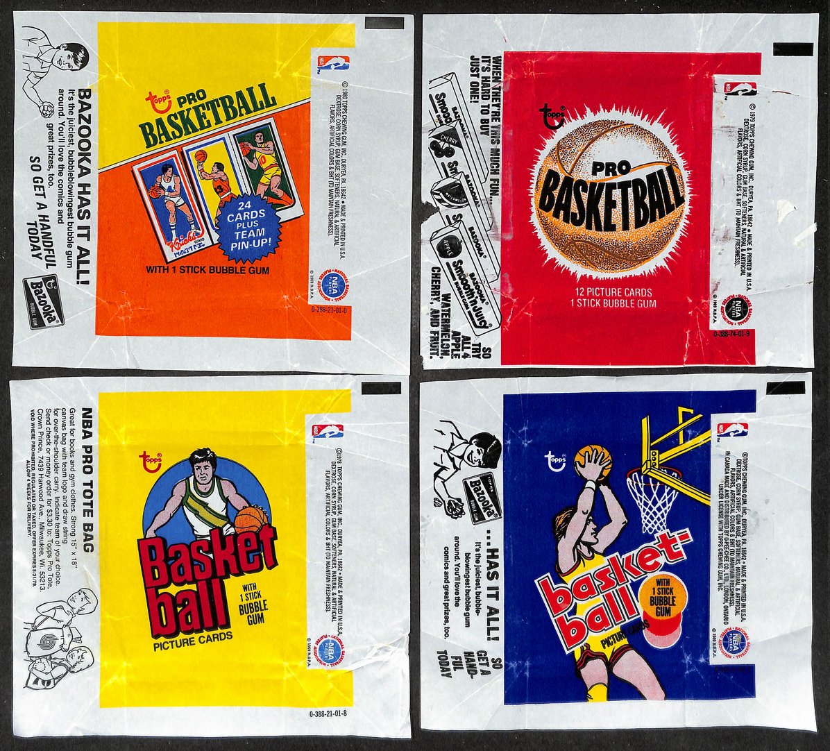Lot of (4) 1977, 1978, 1979 & 1980-81 Topps NBA Basketball Wax Pack Wrappers 651