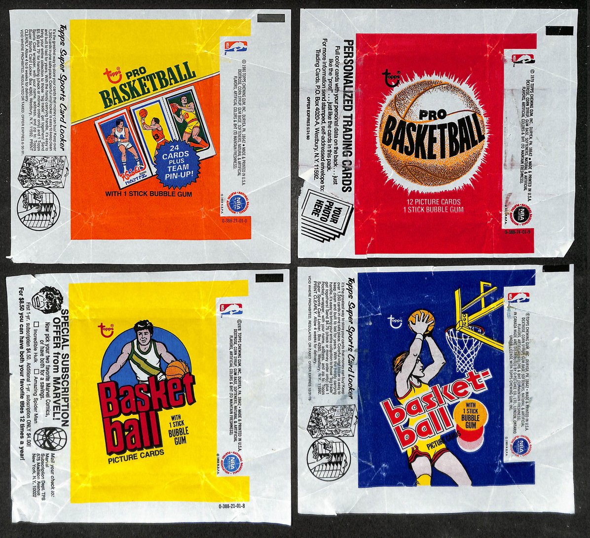 Lot of (4) 1977, 1978, 1979 & 1980-81 Topps NBA Basketball Wax Pack Wrappers 652