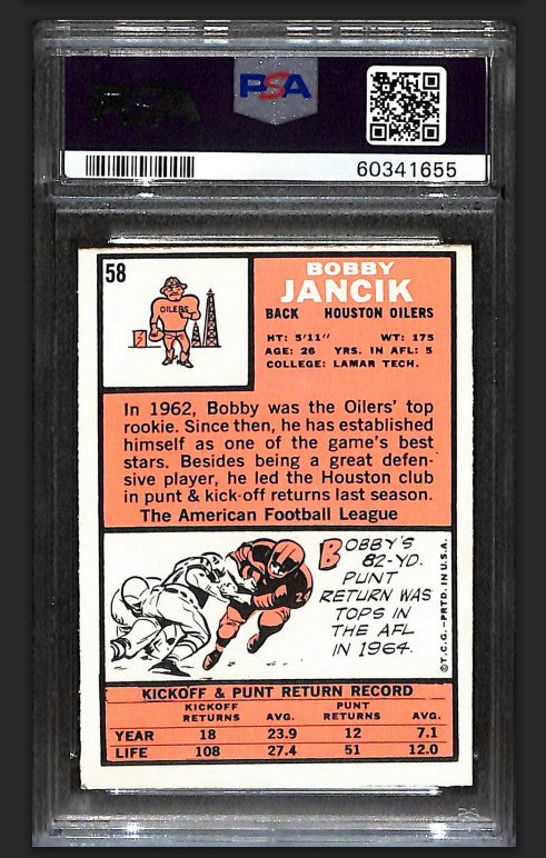Bobby Jancik 1966 Topps Card #58 Oilers PSA 7 BA209170