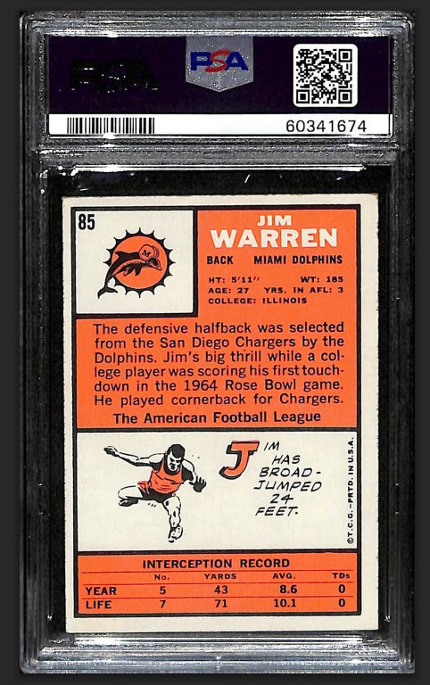 Jim Warren 1966 Topps Card #85 Dolphins PSA 6 BA209173