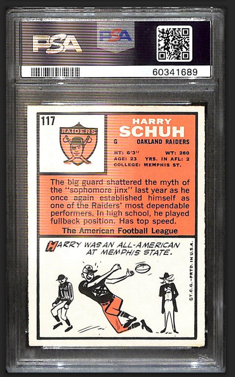 Harry Schuh 1966 Topps Card #117 Raiders PSA 6 BA209176