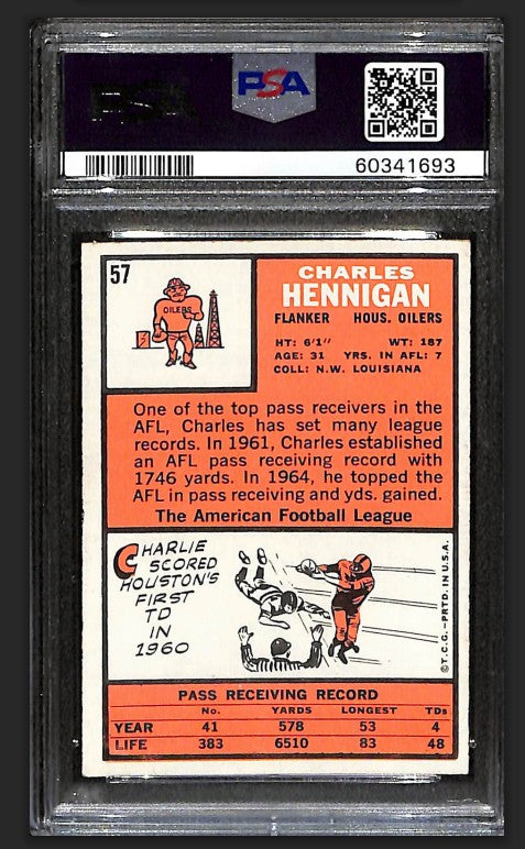 Charles Hennigan 1966 Topps Card #57 Oilers PSA 6 BA209178