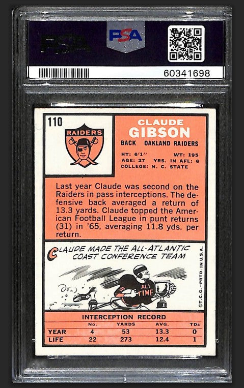 Claude Gibson 1966 Topps Card #110 Raiders PSA 6 BA209179