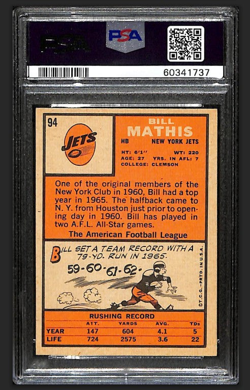 Bill Mathis 1966 Topps Card #94 Jets PSA 6 BA209184