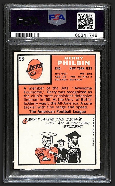 Gerry Philbin 1966 Topps Card #98 Jets PSA 6 BA209186