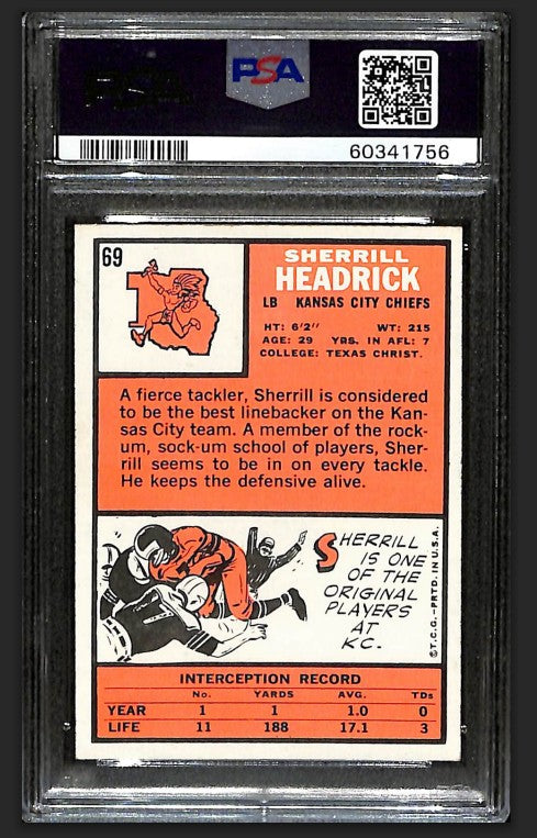Sherrill Headrick 1966 Topps Card #69 Chiefs PSA 6 BA209188