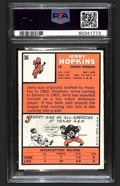 Jerry Hopkins 1966 Topps Card #36 Broncos PSA 7 BA209193