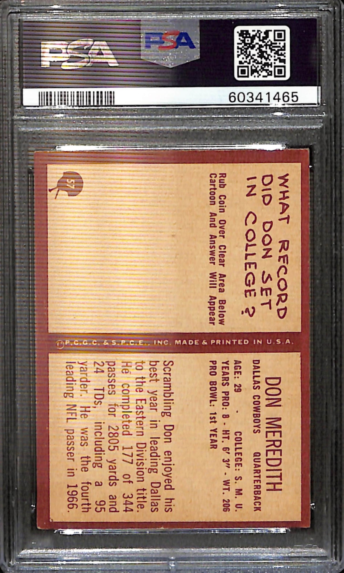 Don Meredith 1967 Philadelphia Card #57 Cowboys PSA 4 BA209109