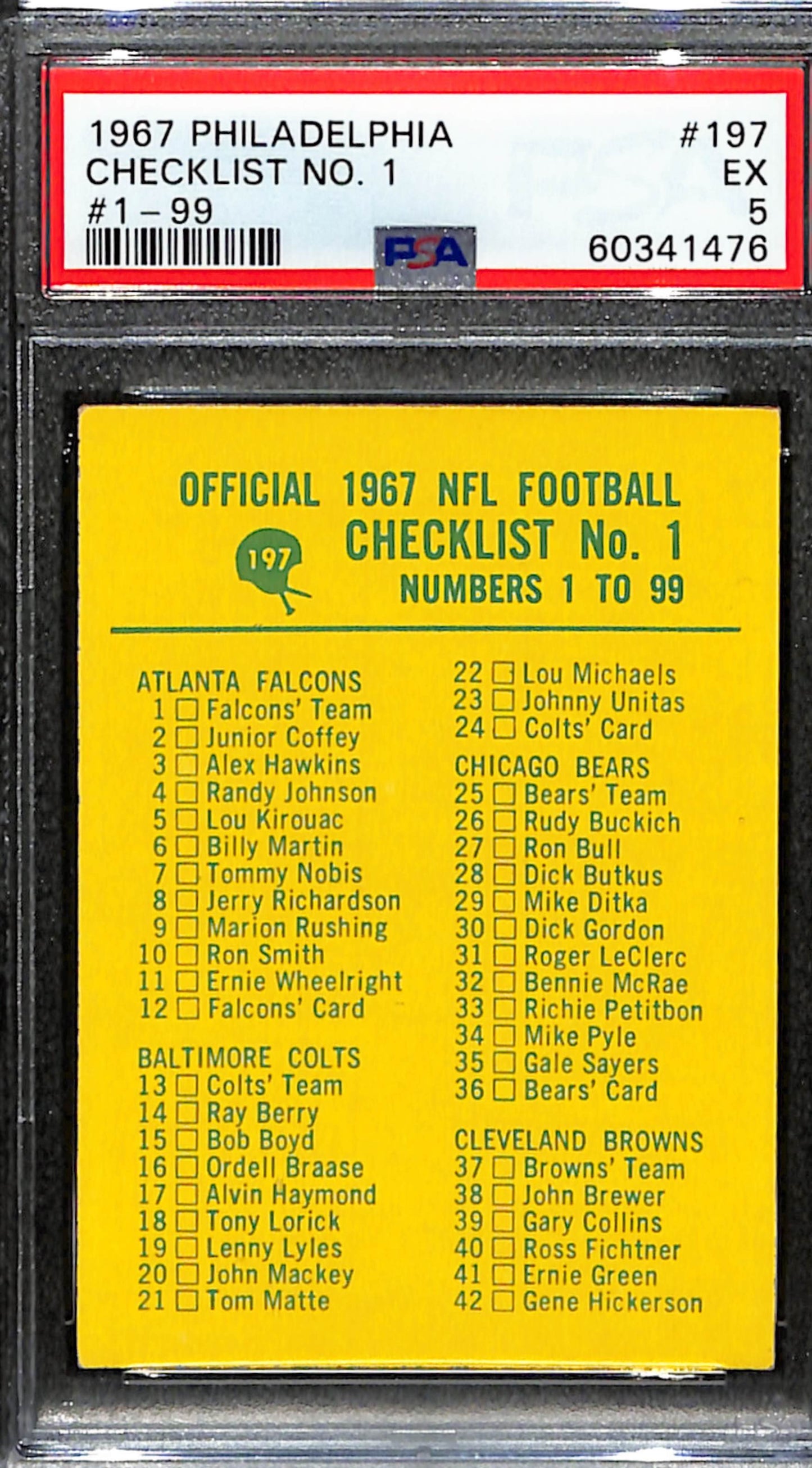 Checklist No. 1 1967 Philadelphia Card #197 #1-99 PSA 5 BA209114