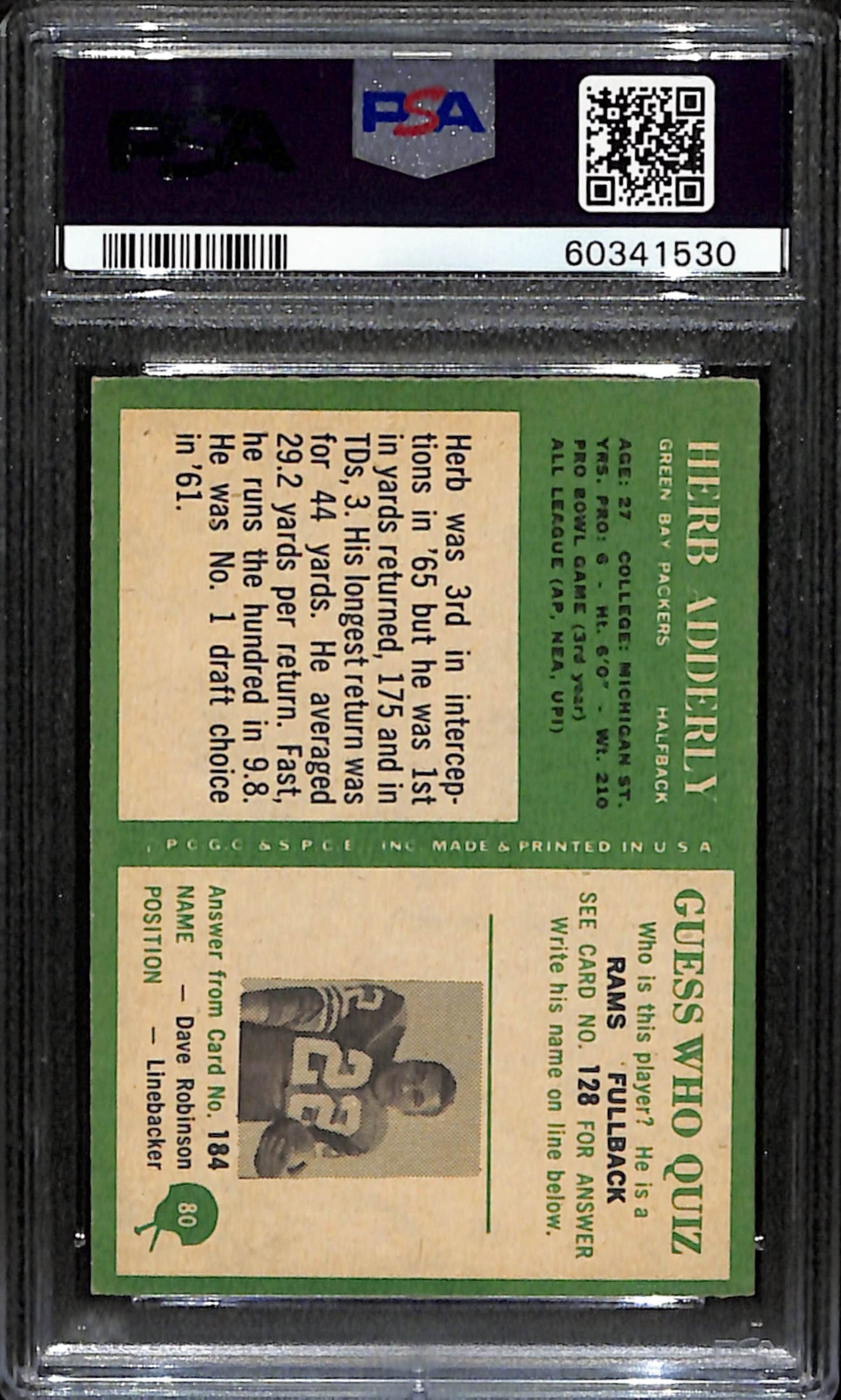 Herb Adderly HOF 1966 Philadelphia Card #80 Packers PSA 5 BA209119