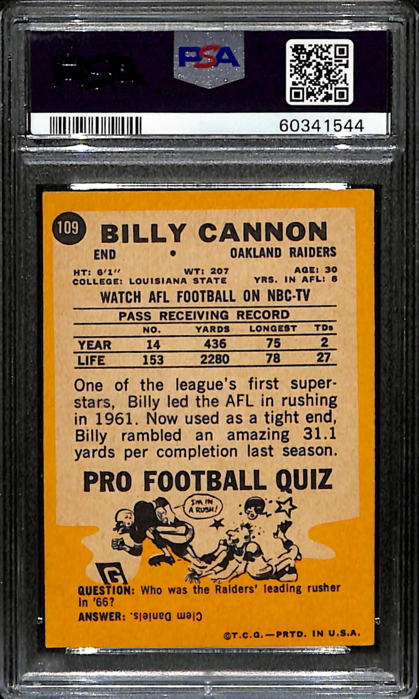 Billy Cannon 1967 Topps Card #109 Raiders PSA 4 BA209127