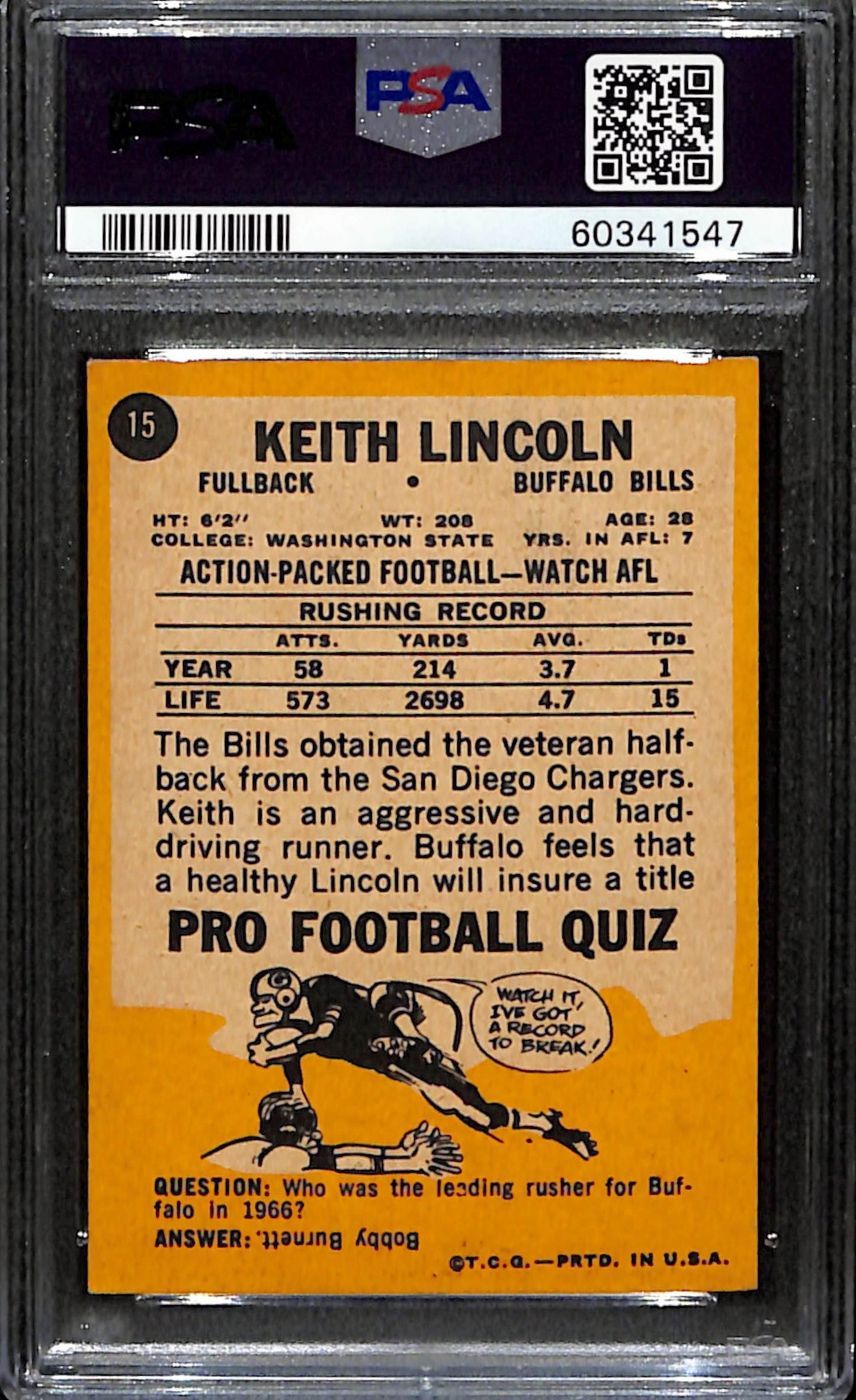 Keith Lincoln 1967 Topps Card #15 Bills PSA 6 BA209130