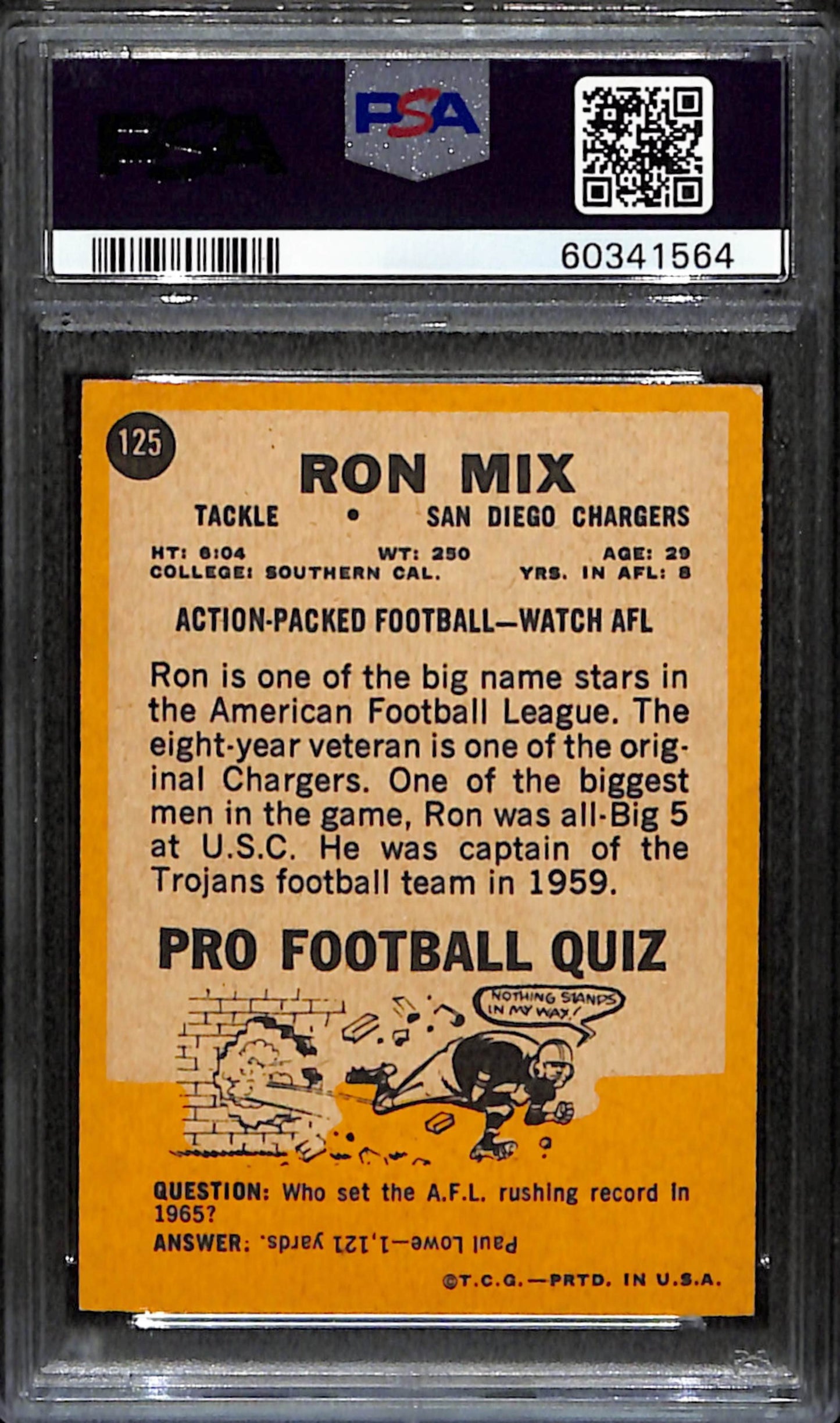 Ron Mix HOF 1967 Topps Card #125 Chargers PSA 6 BA209133