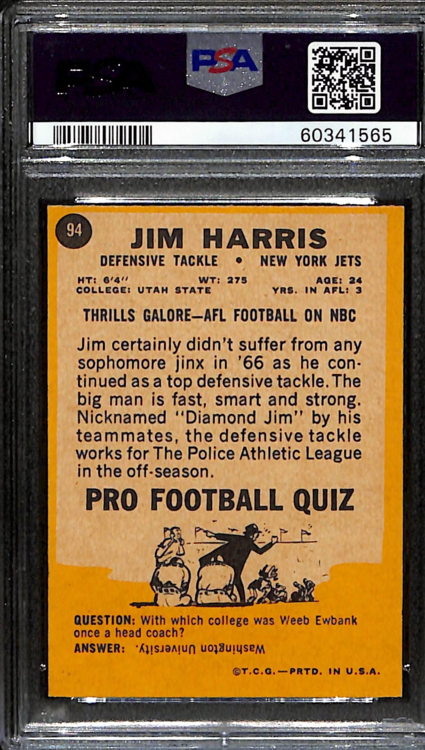 Jim Harris 1967 Topps Card #94 Jets PSA 6 BA209134
