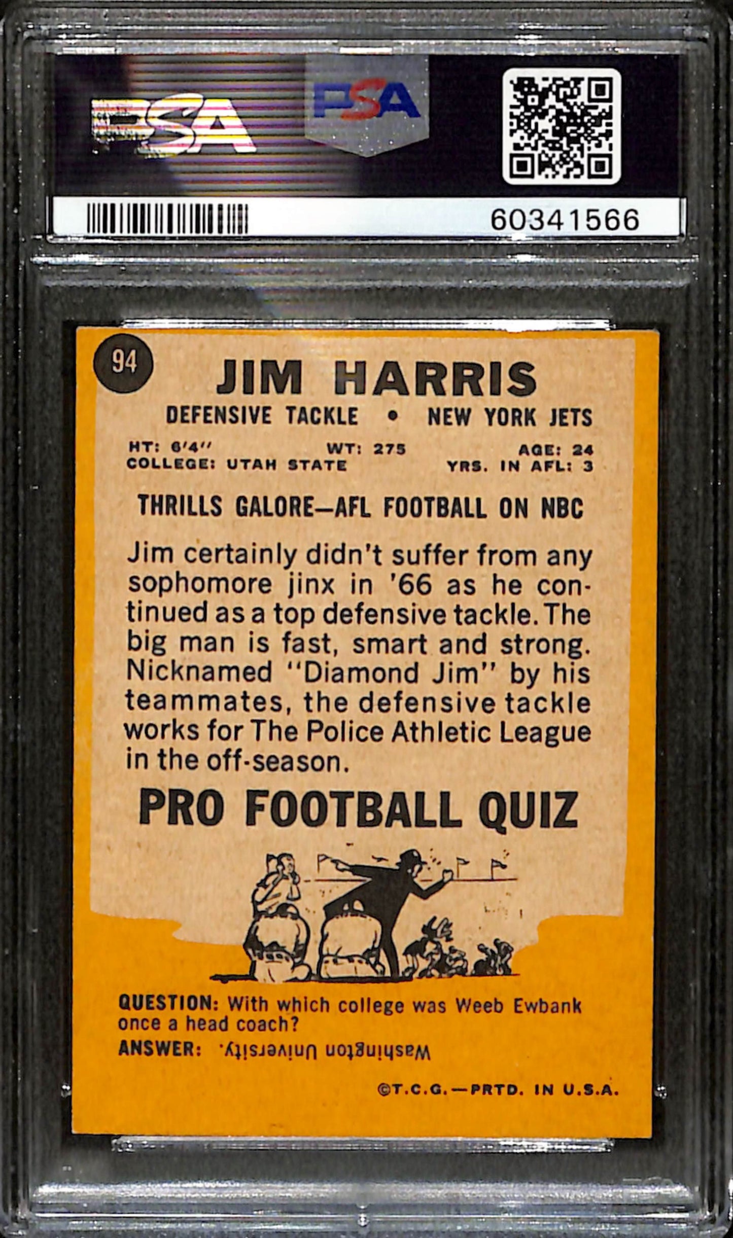 Jim Harris 1967 Topps Card #94 Jets PSA 5 BA209135