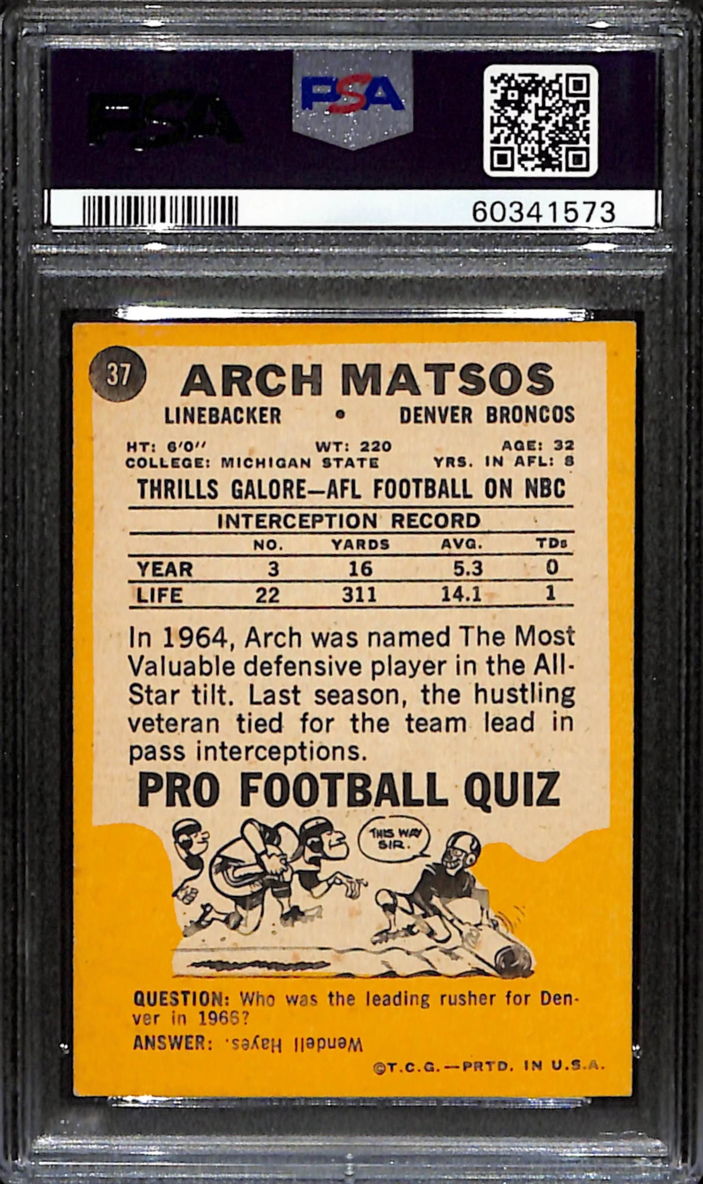 Arch Matsos 1967 Topps Card #37 Broncos PSA 6 BA209138