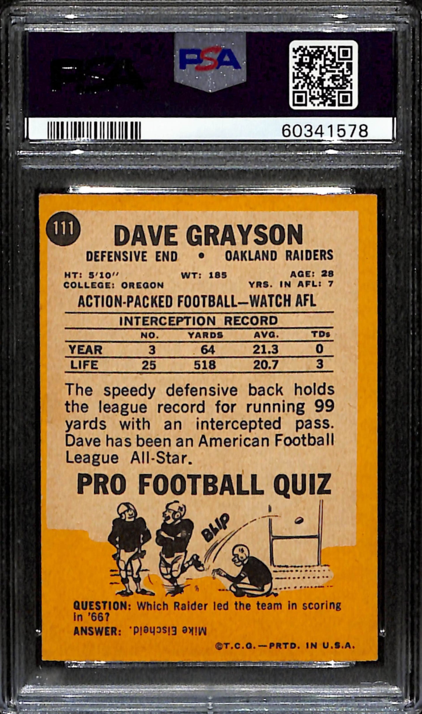 Dave Grayson 1967 Topps Card #111 Raiders PSA 6 BA209141