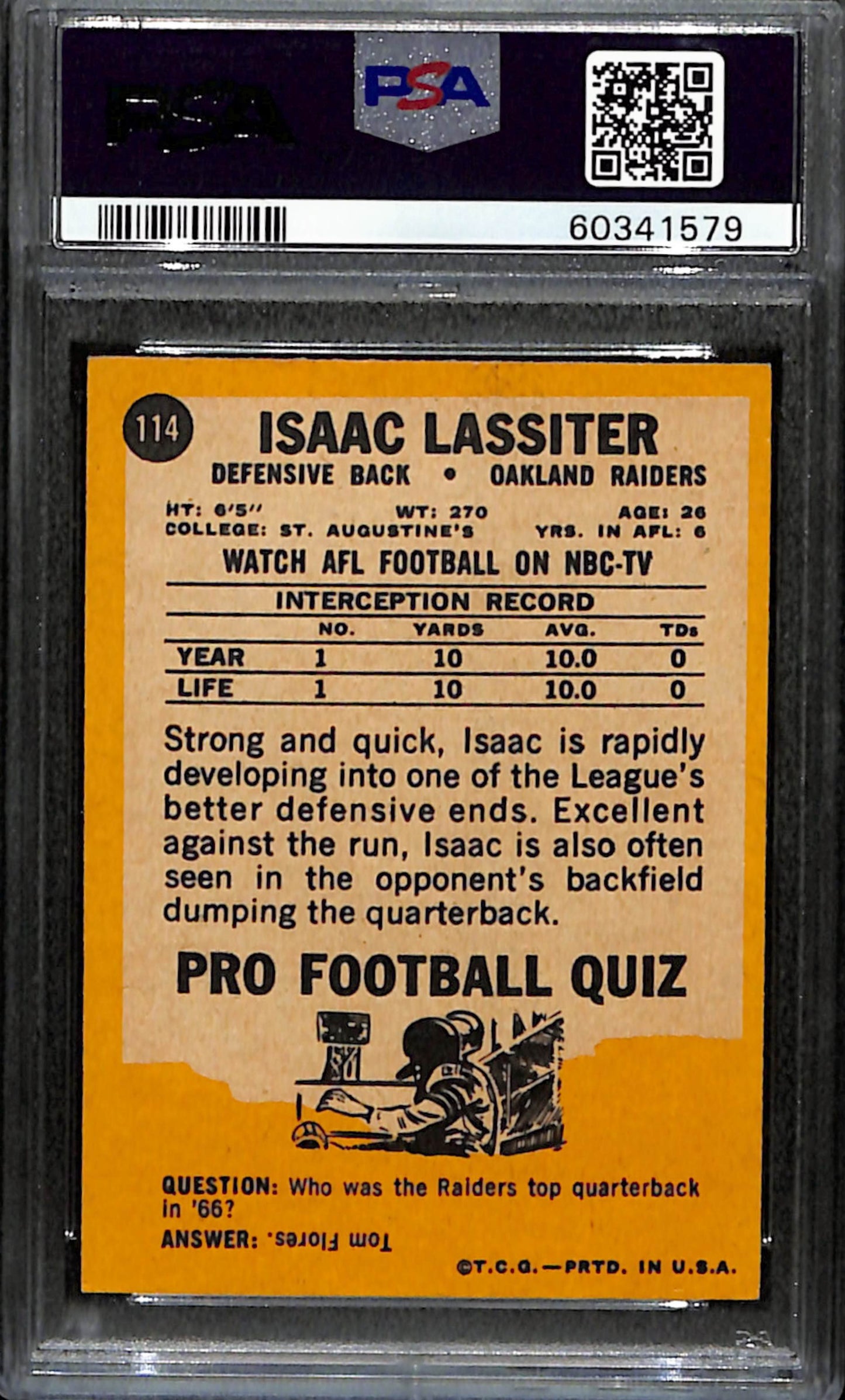Isaac Lassiter 1967 Topps Card #114 Raiders PSA 6 BA209142