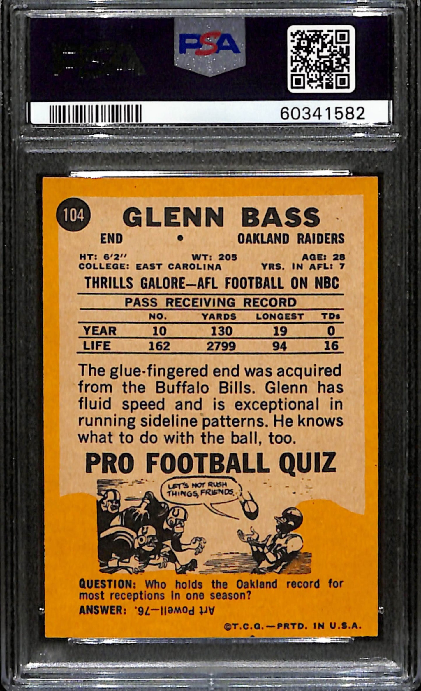 Glenn Bass 1967 Topps Card #104 Raiders PSA 7 BA209143