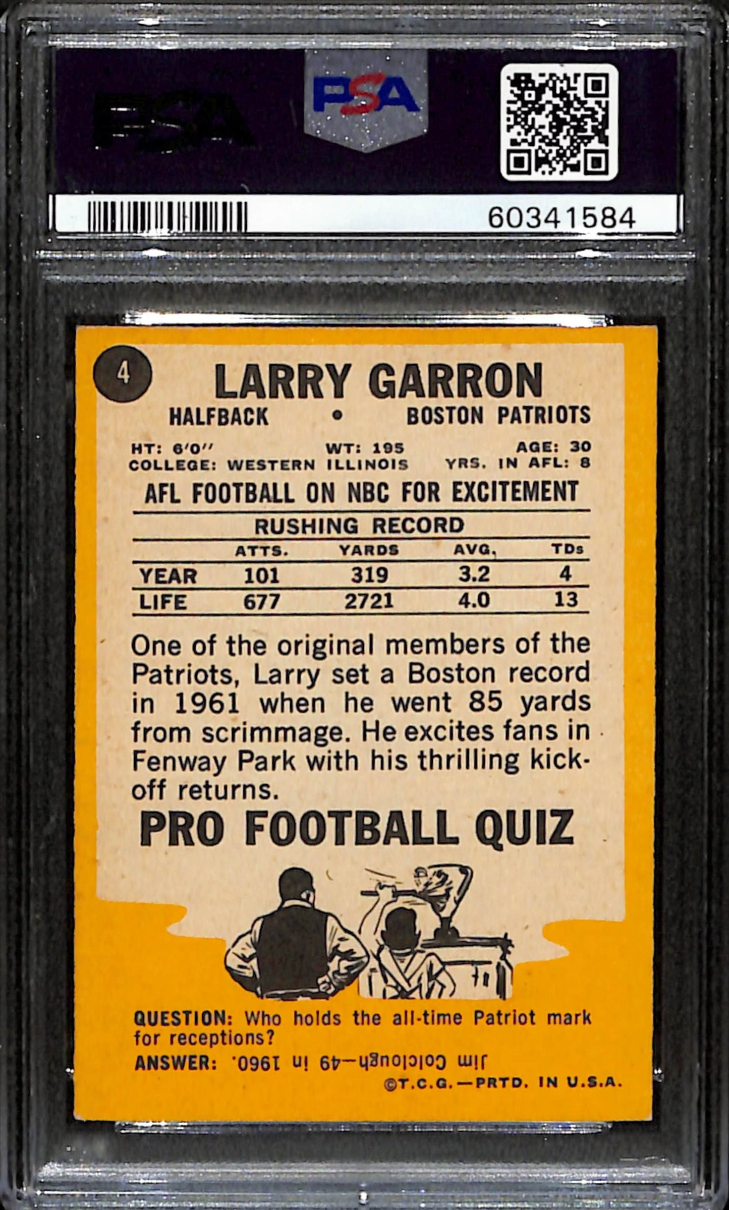 Larry Garron 1967 Topps Card #4 Patriots PSA 6 BA209144