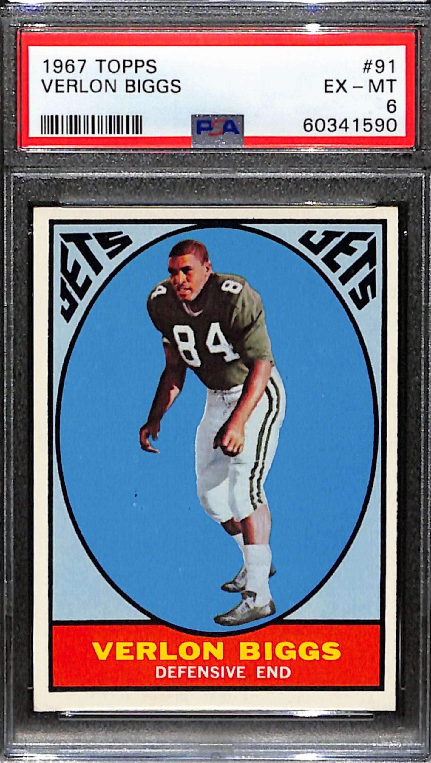 Verlon Biggs 1967 Topps Card #91 Jets PSA 6 BA209150