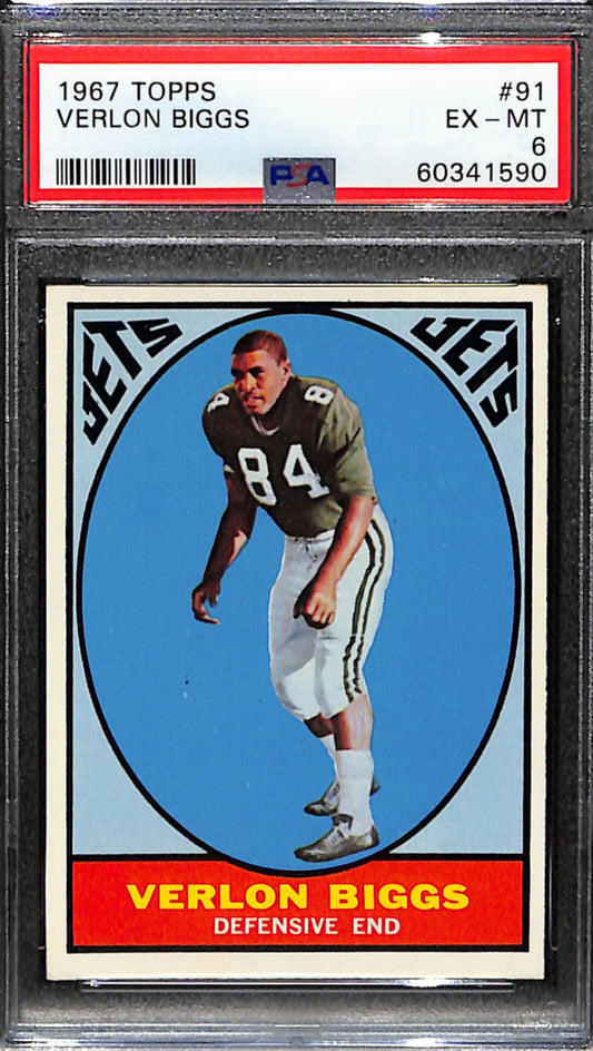 Verlon Biggs 1967 Topps Card #91 Jets PSA 6 BA209150