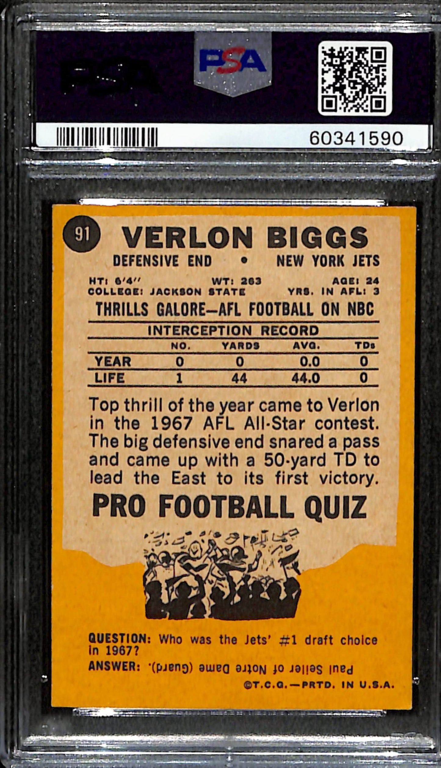 Verlon Biggs 1967 Topps Card #91 Jets PSA 6 BA209150